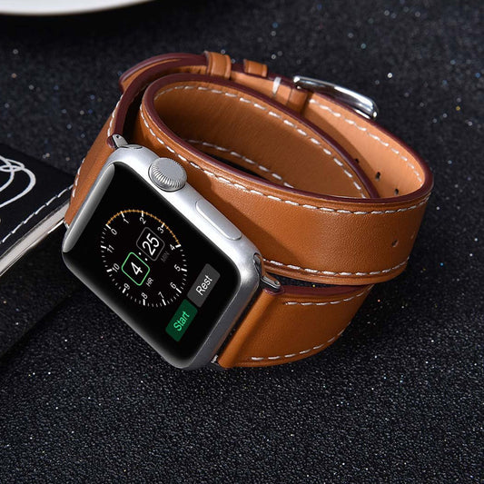 Correa de cuero de doble vuelta prémium compatible con Apple Watch Series 10, 9, 8, 7, 6, 5, 4, 3, 2 SE, Ultra iWatch Bracelet